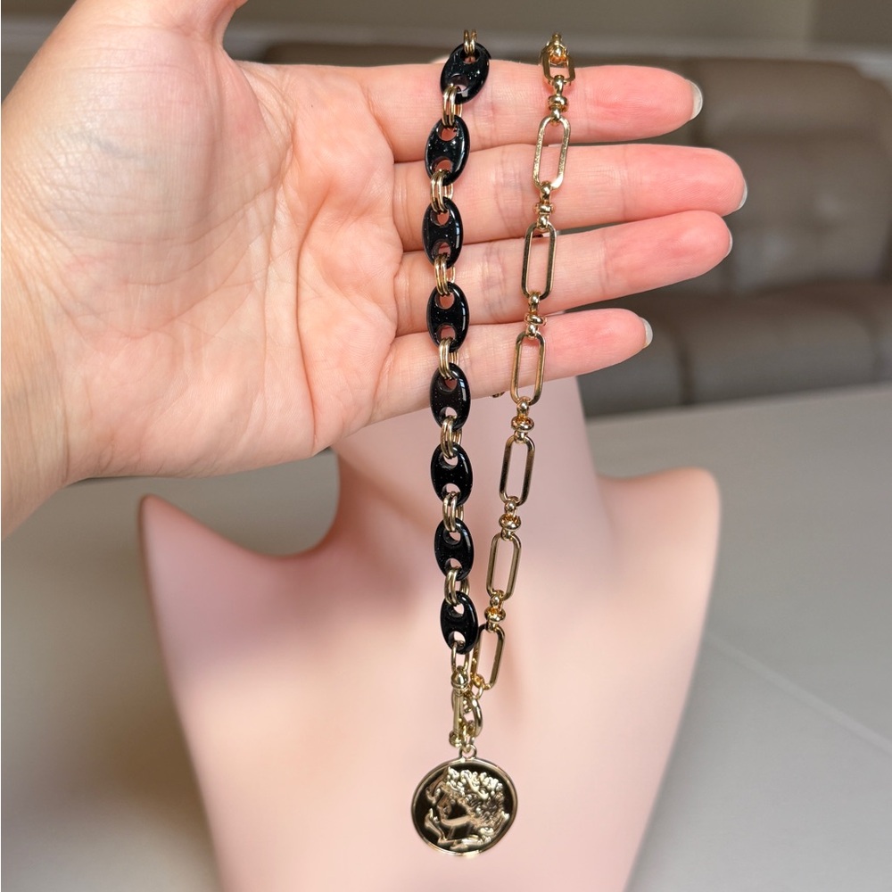 Gold and Black Chain Link Coin Necklace with Matching Drops Earrings - Picture 6 of 11